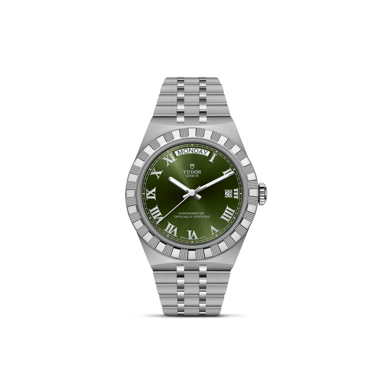 m2840d1a0-0003-upright_watch_white_background-model_page | Brela Tudor stainless steel wristwatch with a green dial, Roman numerals, and date window showing 28 | Brela