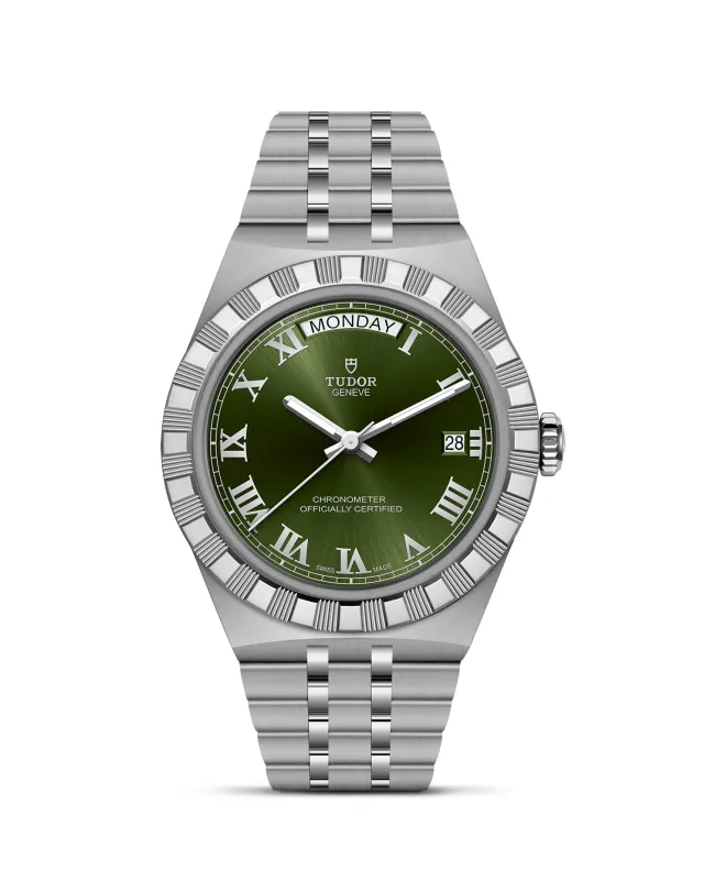 m2840d1a0-0003_upright-wh-std-grid | Brela | Brela Stainless steel Tudor wristwatch with a green dial, Roman numerals, and a day-date window at 3 o'clock with a fluted bezel. | Brela | Brela