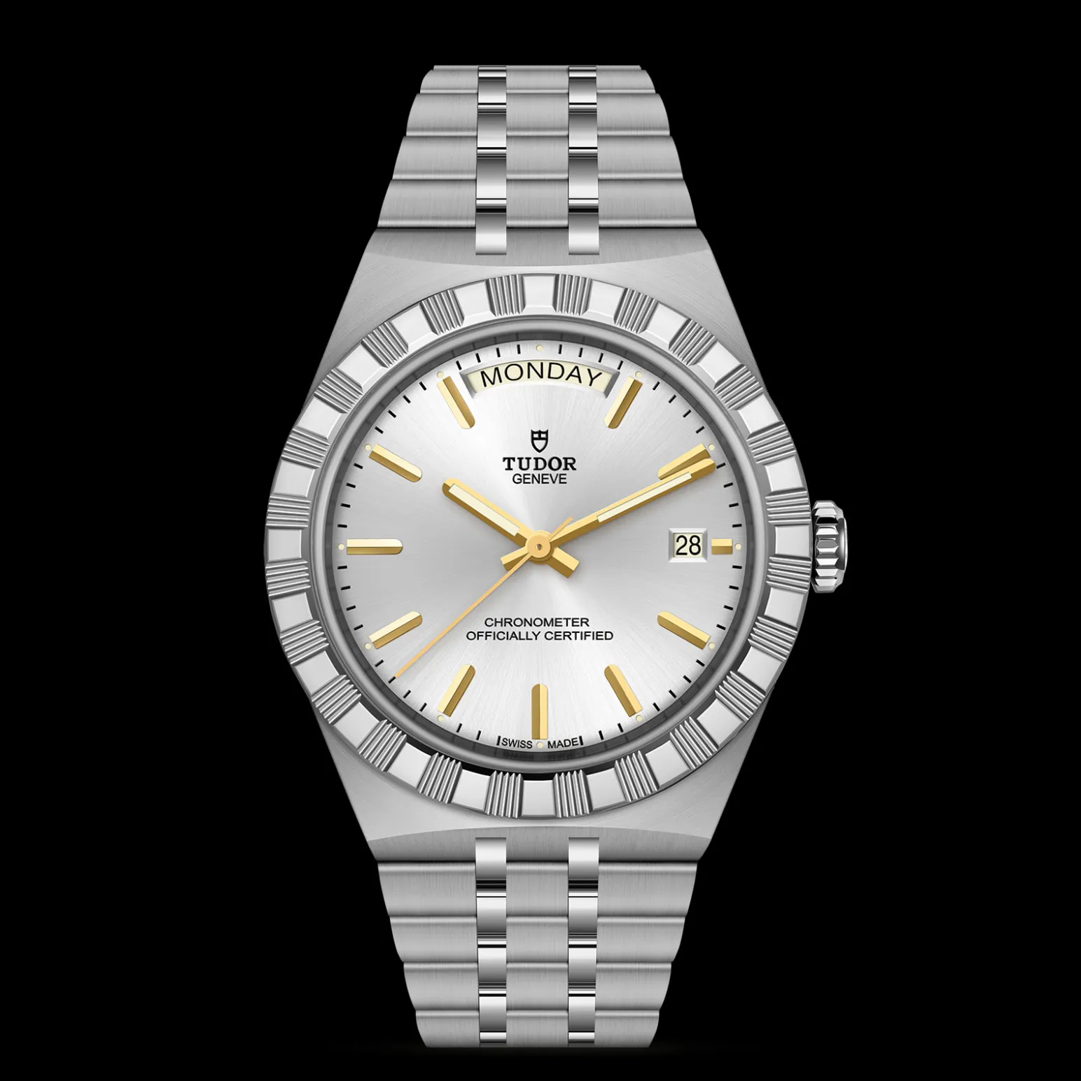 m2840d1a0-0004-upright_watch_black_background_zoomed_in | Brela Silver Tudor Genève wristwatch with day/date display and gold hands, close-up against a black background, stainless steel bracelet visible | Brela