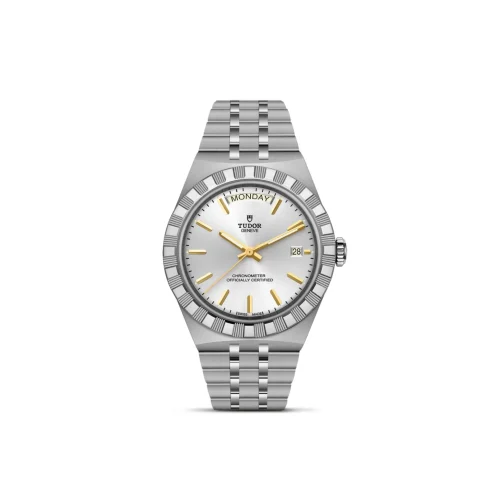 Silver Tudor wristwatch with gold accents and stainless steel bracelet, displaying day at 12 o'clock and date at 3 o'clock.