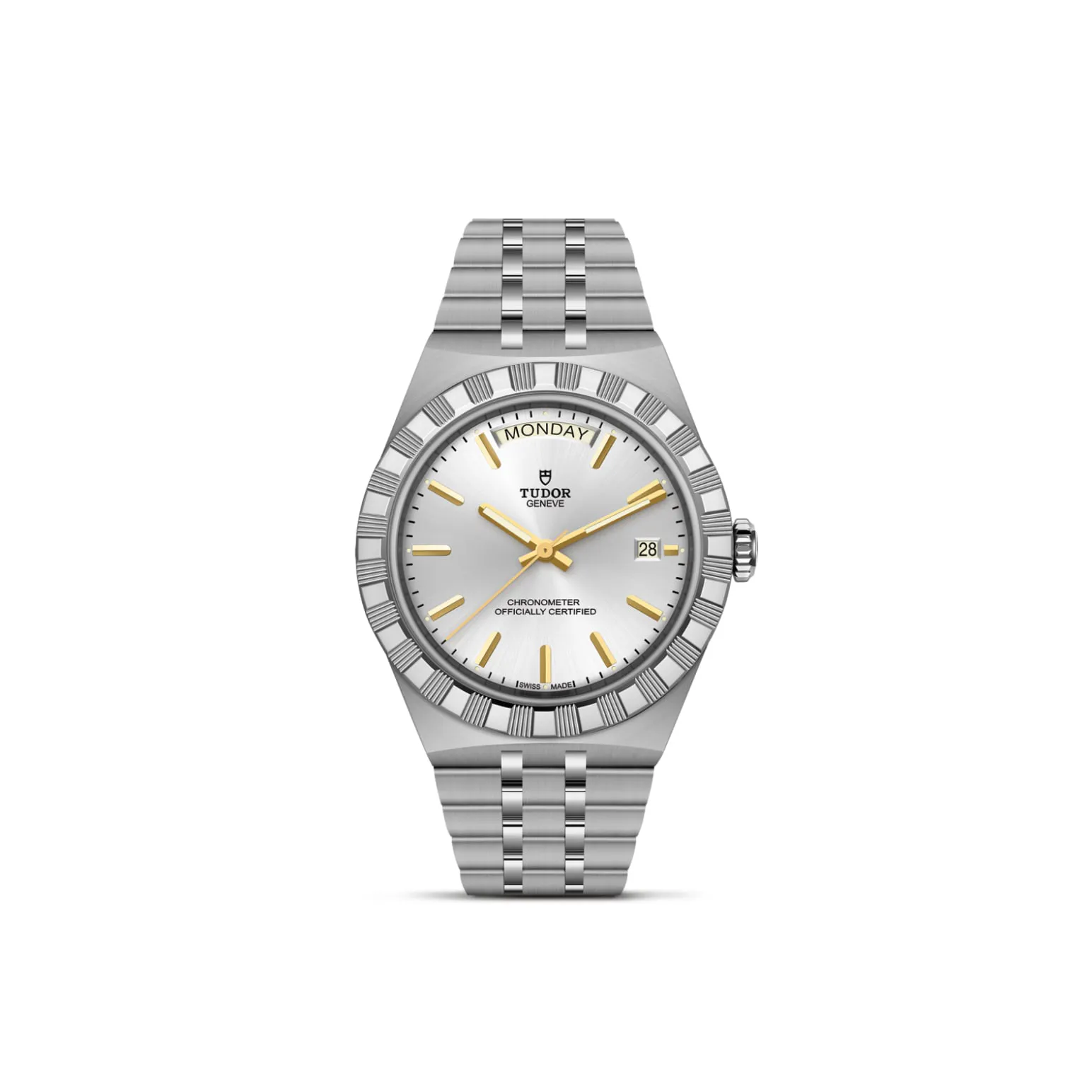 m2840d1a0-0004-upright_watch_white_background-model_page | Brela Tudor stainless steel wristwatch with silver dial, gold hands and markers, day window at 12 and date window at 3, on a fluted bezel. | Brela