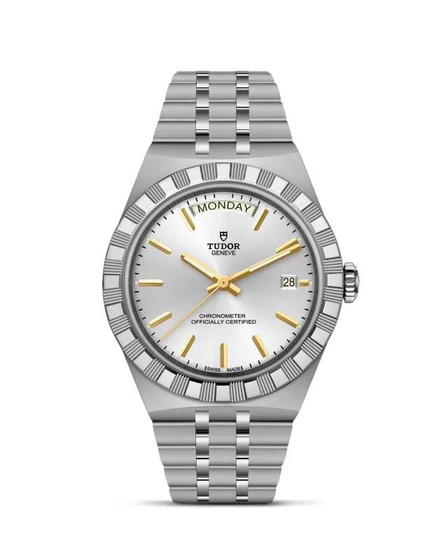 m2840d1a0-0004_upright-wh-std-grid | Brela | Brela Stainless steel Tudor wristwatch with a silver dial, gold hour markers, and a date window at 3 o'clock, displaying Monday at the top and 28 date. | Brela | Brela