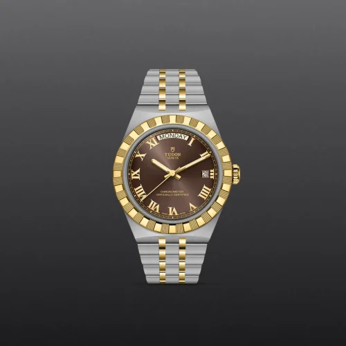 Two-tone gold and stainless steel Tudor wristwatch with brown dial and Roman numerals, showing date window at 3 o'clock.