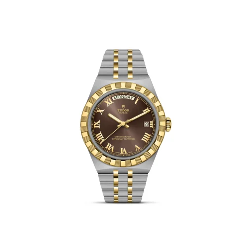 Two-tone gold and stainless Tudor watch with a brown dial, Roman numerals, and date window at 3 o'clock.
