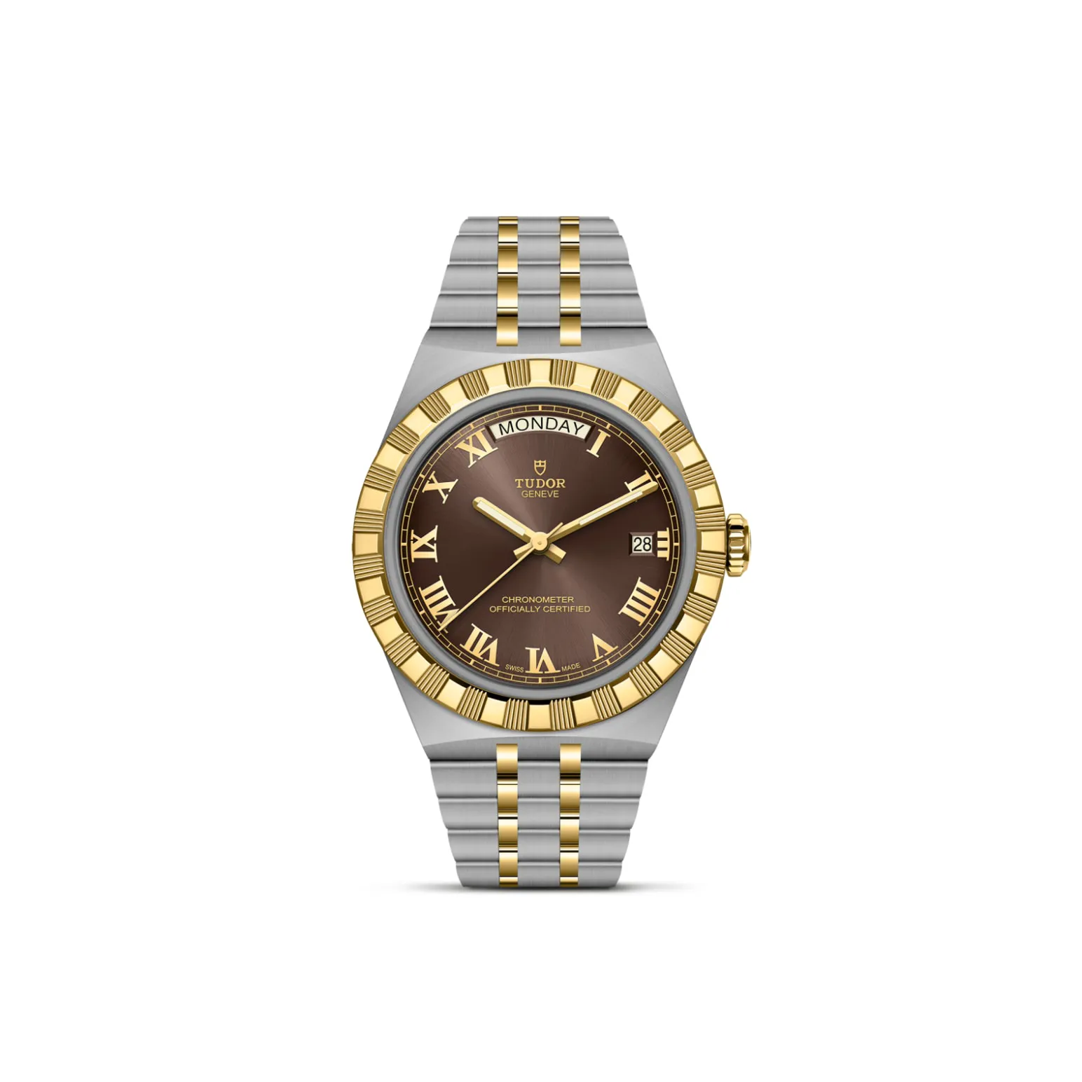 m2840d1a3-0001-upright_watch_white_background-model_page | Brela Two-tone Tudor Genève wristwatch with a brown dial, gold Roman numerals, date window at 3 o'clock, and a gold-bezel two-tone bracelet in steel and gold. | Brela