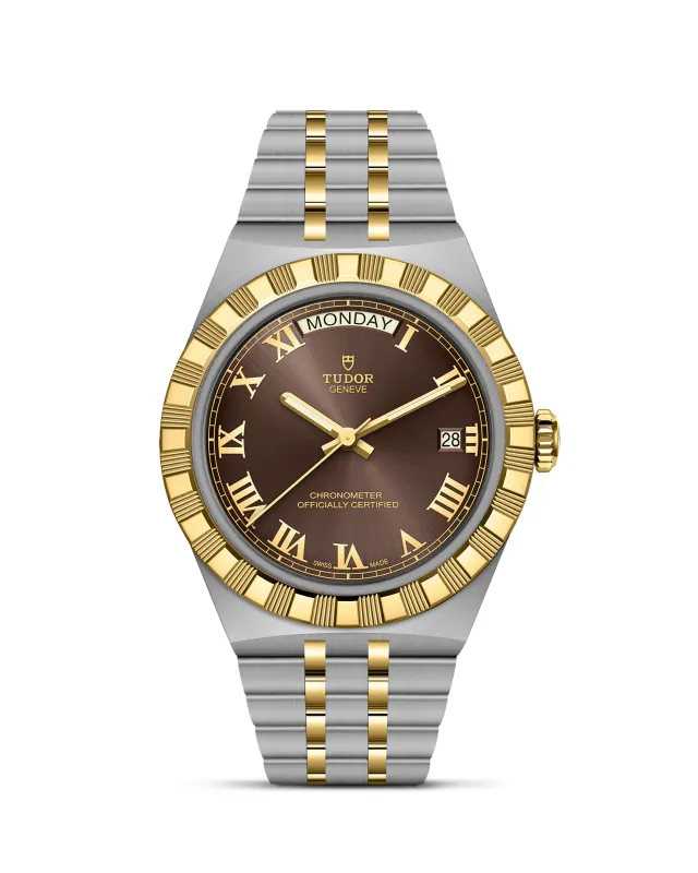m2840d1a3-0001_upright-wh-std-grid | Brela | Brela Two-tone Tudor wristwatch with gold bezel and center gold links, brown dial, day display at 12, date window at 3, and chronometer text on the face | Brela | Brela