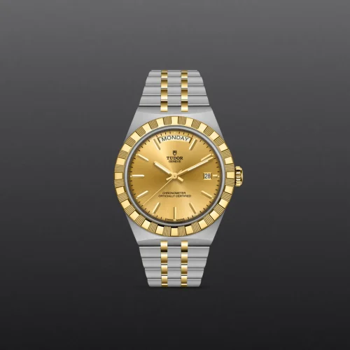 Two-tone gold and stainless steel Tudor wristwatch with a gold dial and day-date display.