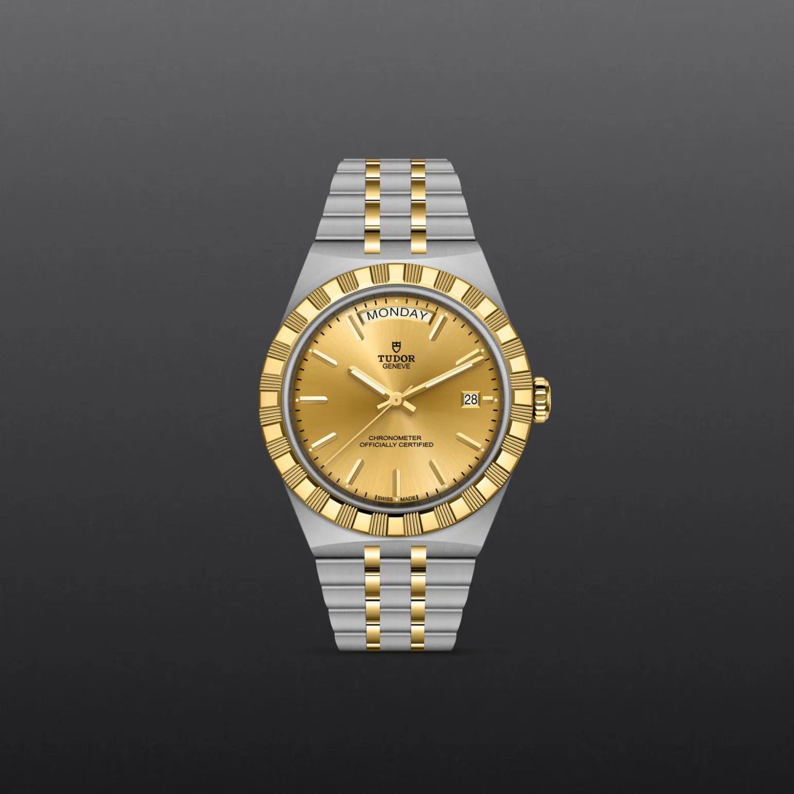 m2840d1a3-0002-upright_watch_grey_background-model_page_only_standard_size | Brela Two-tone Tudor wristwatch (gold and steel) with day indicator and date window, shown against a dark background | Brela