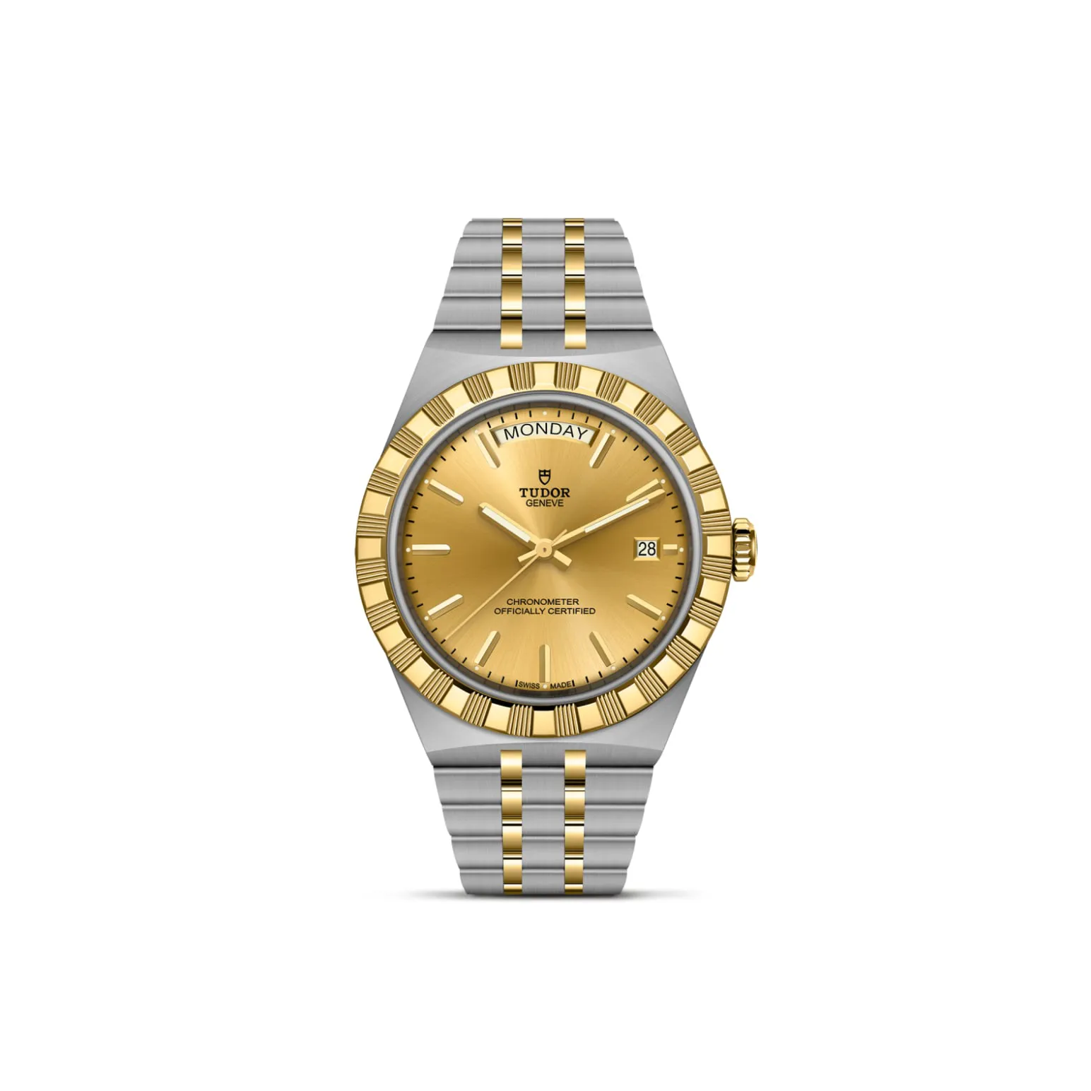 m2840d1a3-0002-upright_watch_white_background-model_page | Brela Two-tone Tudor wristwatch with gold bezel and gold dial showing date window at 3 o'clock and day display at top. | Brela