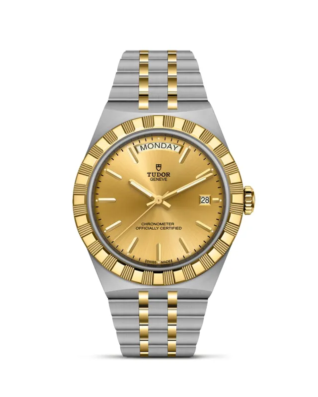 m2840d1a3-0002_upright-wh-std-grid | Brela | Brela Two-tone gold and steel Tudor wristwatch with a gold dial, day at 12, date at 3, and a fluted gold bezel. | Brela | Brela