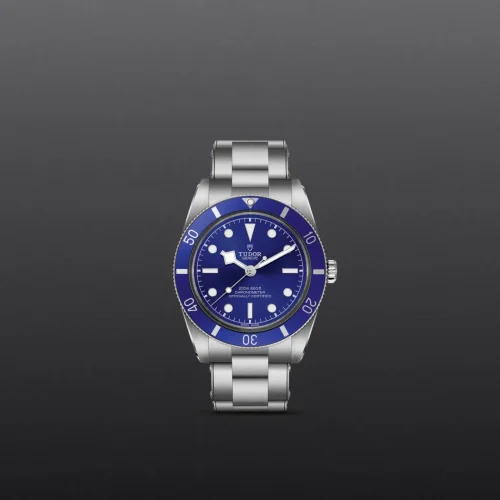 Tudor diver's watch with a blue bezel and blue dial, stainless steel bracelet, centered on a gray gradient background.