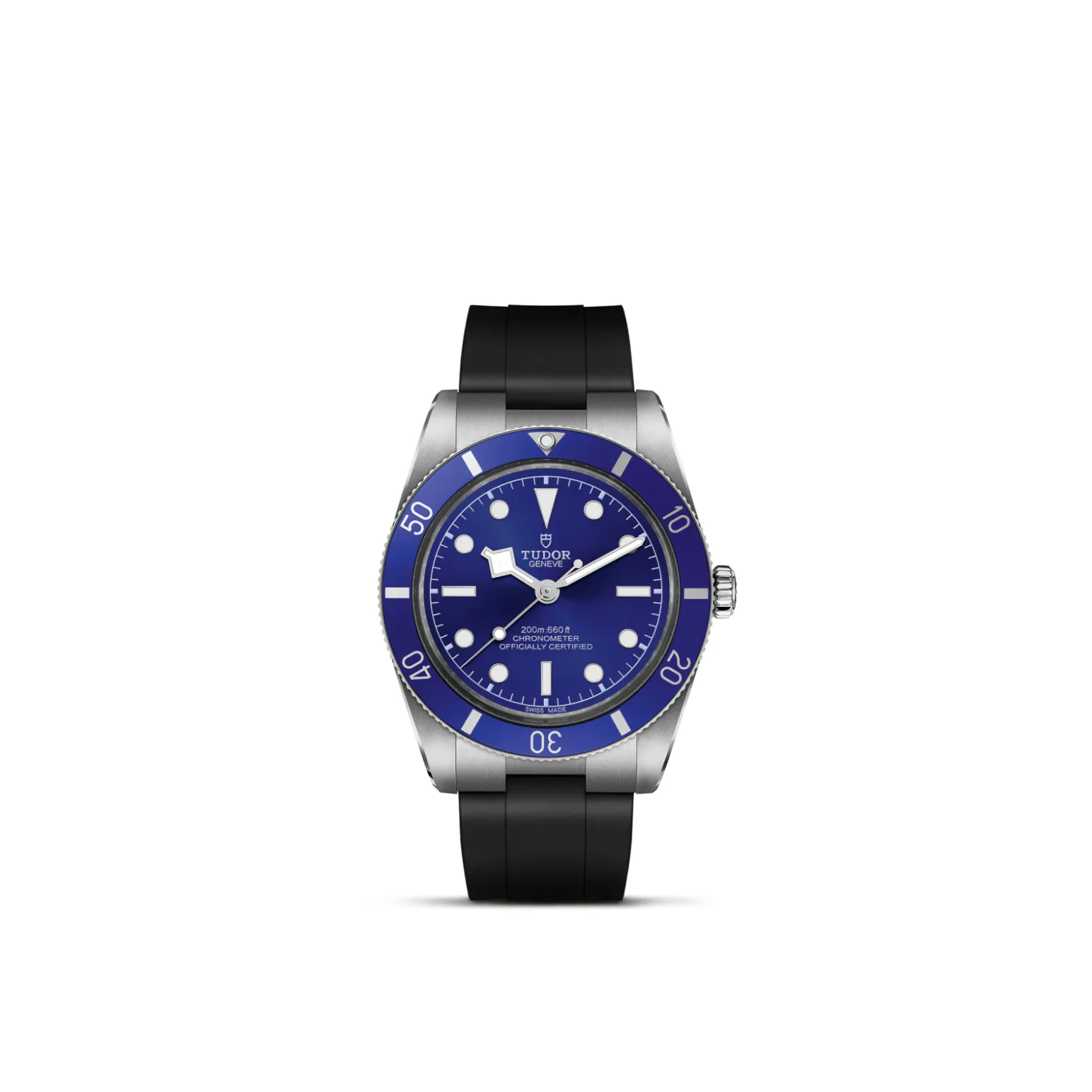 m79000b-0002-upright_watch_white_background-model_page | Brela Tudor dive watch with blue bezel and blue dial, stainless steel case, black rubber strap. | Brela