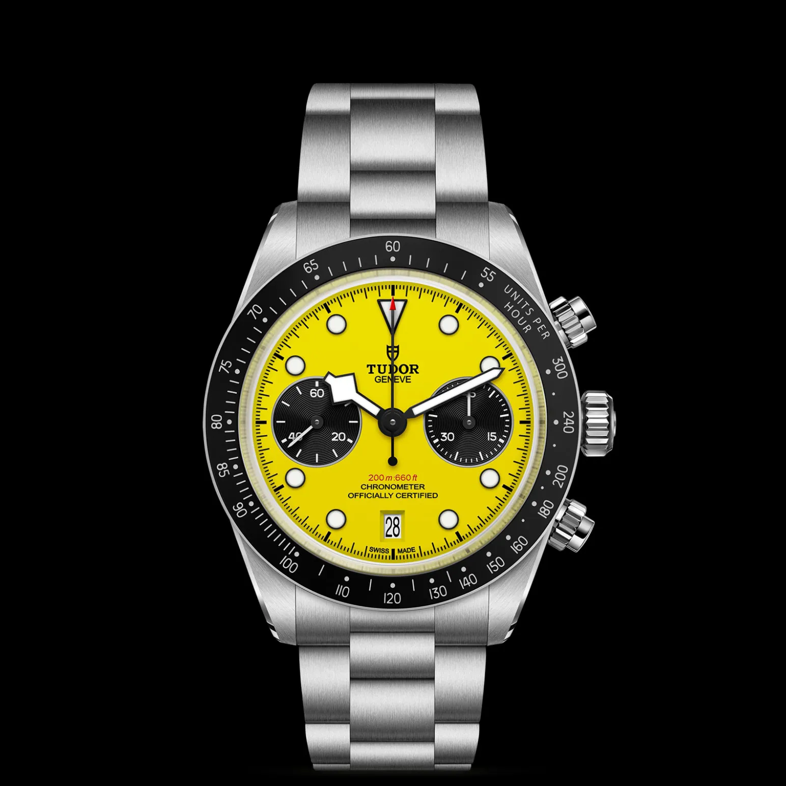 m79310n-0001-upright_watch_black_background_zoomed_in | Brela Stainless steel Tudor watch with a bright yellow dial and black bezel, shown from a close-up front view against a black background. | Brela
