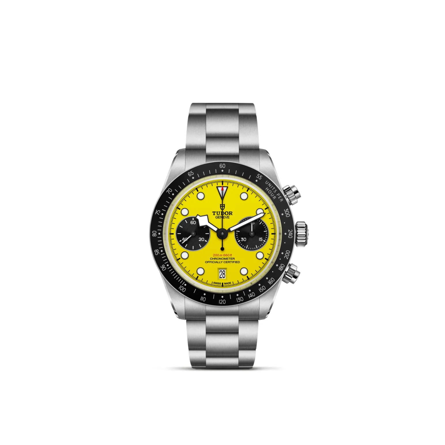 m79310n-0001-upright_watch_white_background-model_page | Brela Tudor chronograph watch with yellow dial, black subdials, and stainless steel bracelet; high-contrast design. | Brela
