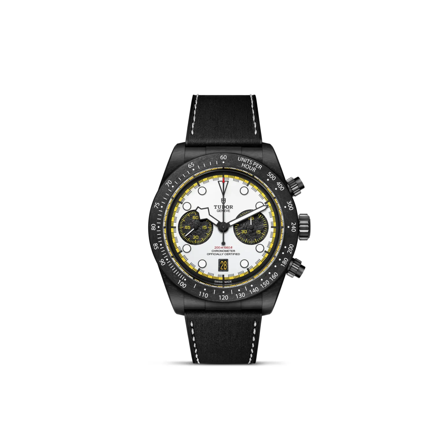 m79377kn-0003-upright_watch_white_background-model_page | Brela Tudor chronograph watch with white dial, black bezel and yellow accents, black strap | Brela