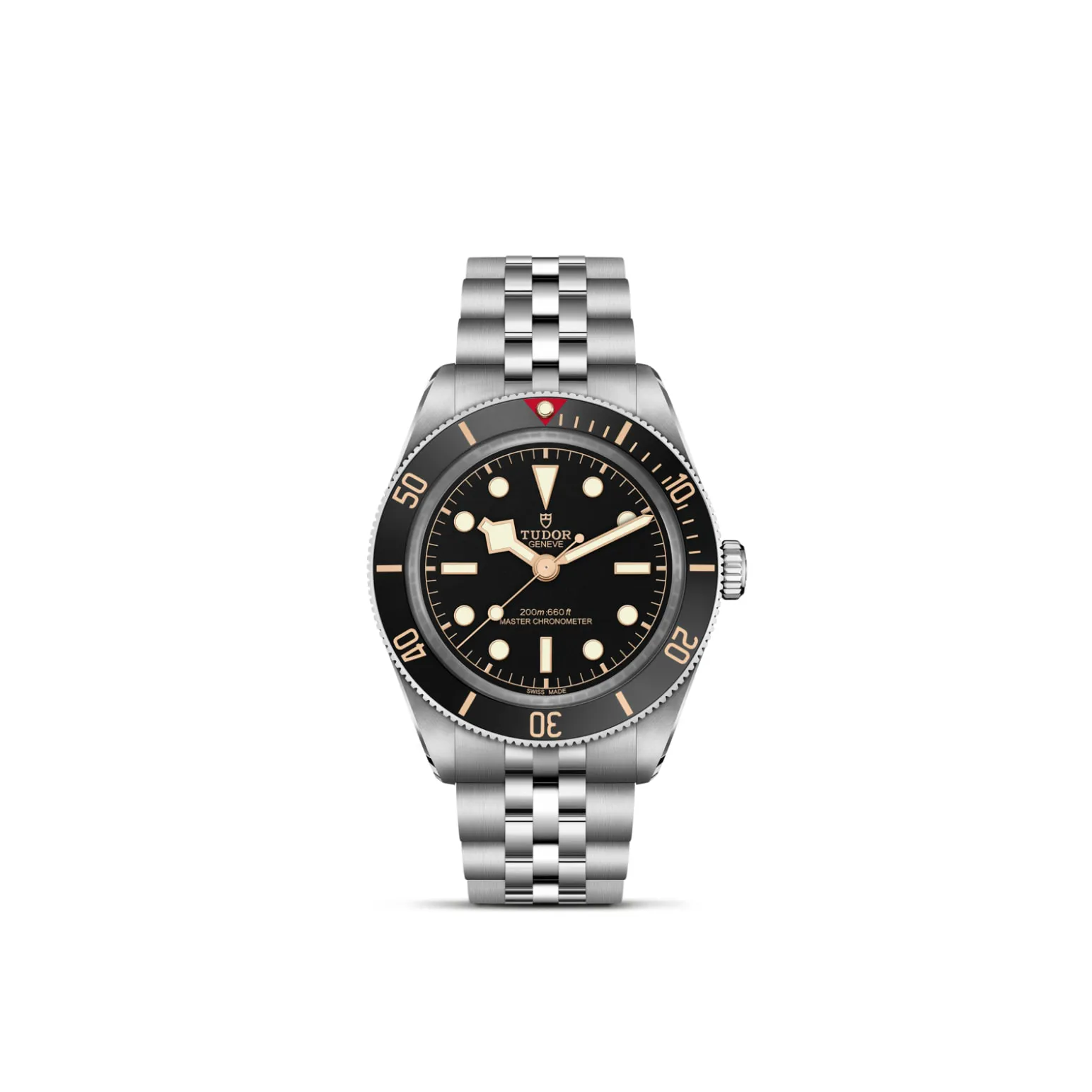 m7939a1a0nu-0001-upright_watch_white_background-model_page | Brela Tudor diver's watch with a black dial, beige markers, and a stainless steel bracelet and bezel. | Brela