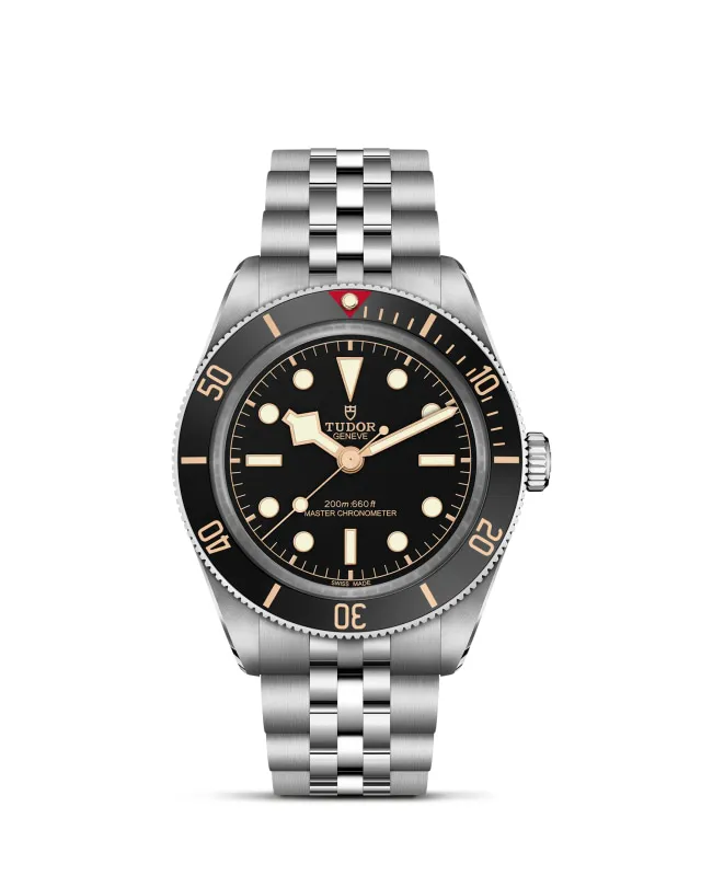 m7939a1a0nu-0001_upright-wh-std-grid | Brela | Brela Tudor diver's watch with black dial, gold markers, and stainless steel bracelet. | Brela | Brela