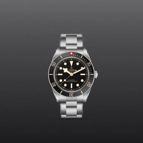 Product photo of a Tudor dive watch with black dial, gold markers, and a stainless steel bracelet on a dark gray background.