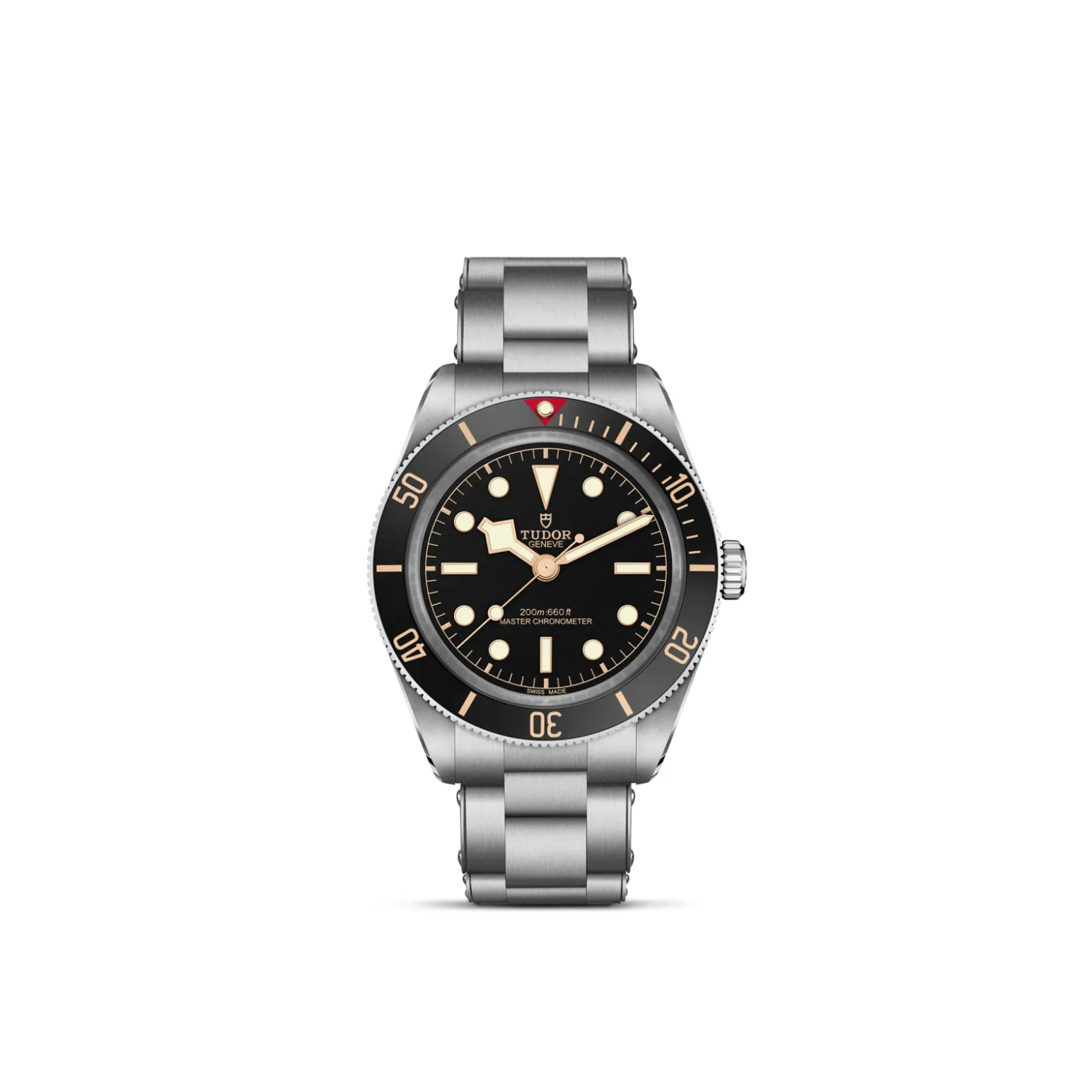 m7939a1a0nu-0002-upright_watch_white_background-model_page | Brela Tudor diver's watch with black dial, beige markers, and stainless steel bracelet showing a unidirectional bezel. | Brela