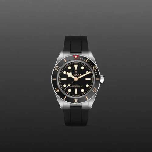 Tudor dive watch with a black dial, gold-tone markers, and black rotating bezel on a black rubber strap against a dark gradient background.