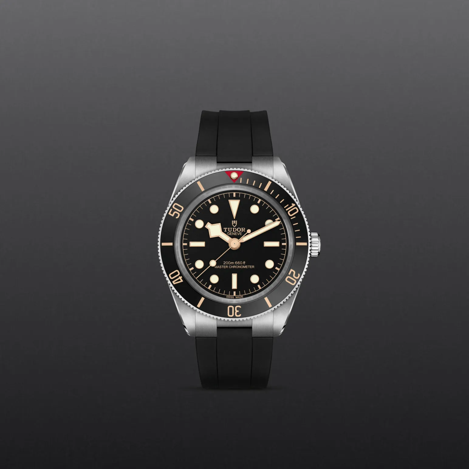 m7939a1a0nu-0003-upright_watch_grey_background-model_page_only_standard_size | Brela Tudor diver's watch with black dial, luminescent markers, and beige accents on a black bezel, with a black rubber strap. | Brela