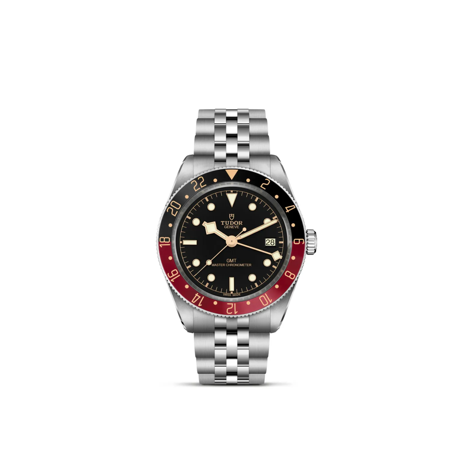 m7939g1a0nru-0003-upright_watch_white_background-model_page | Brela Tudor GMT Master Chronometer wristwatch with black dial, red/black bezel, and stainless steel bracelet | Brela