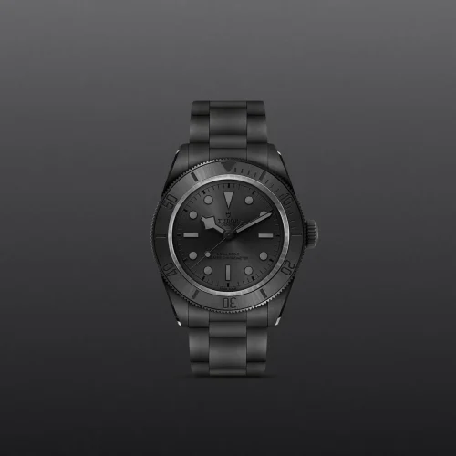 Close-up of a dark Tudor wristwatch with a metal bracelet against a gray gradient background, centered in the frame.