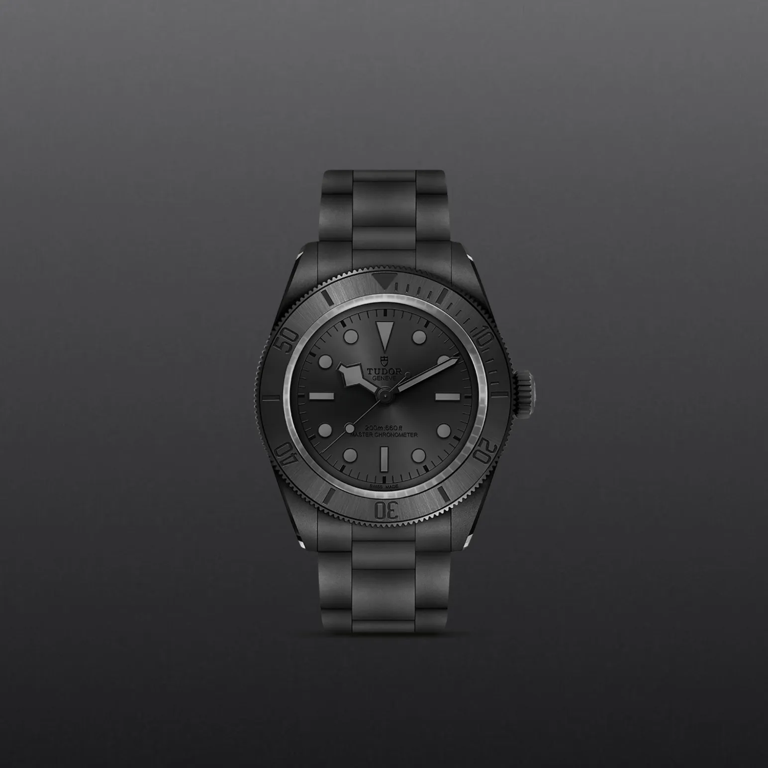 m7941a1acnu-0001-upright_watch_grey_background-model_page_only_standard_size | Brela Close-up of a dark metal dive watch with a rotating bezel and matching bracelet against a gray gradient background (brand: Tudor). | Brela