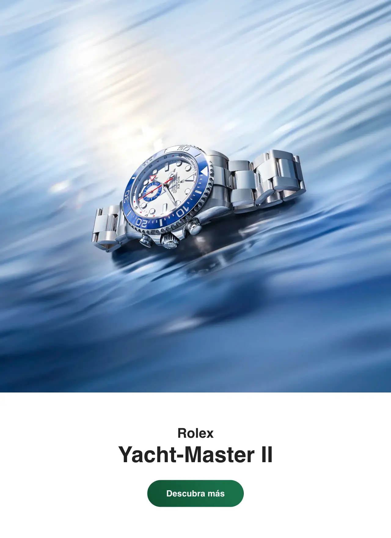 Stainless steel Rolex Yacht-Master II watch on a blue water background. | Brela