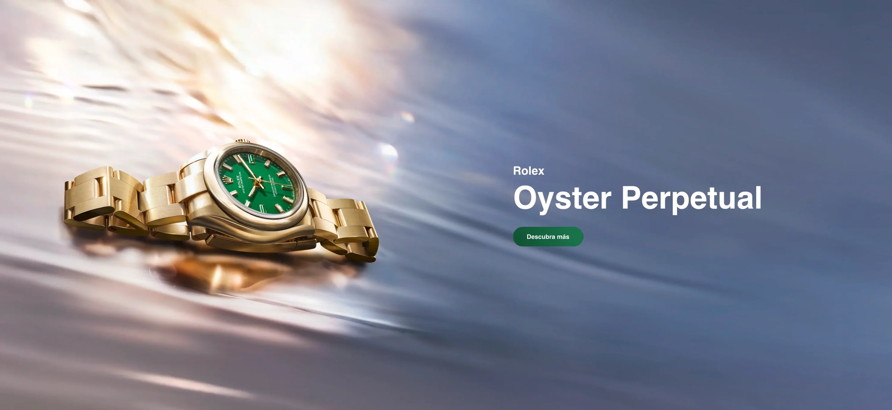 Gold Rolex Oyster Perpetual wristwatch with green dial on a blurred blue background (advertising banner). | Brela