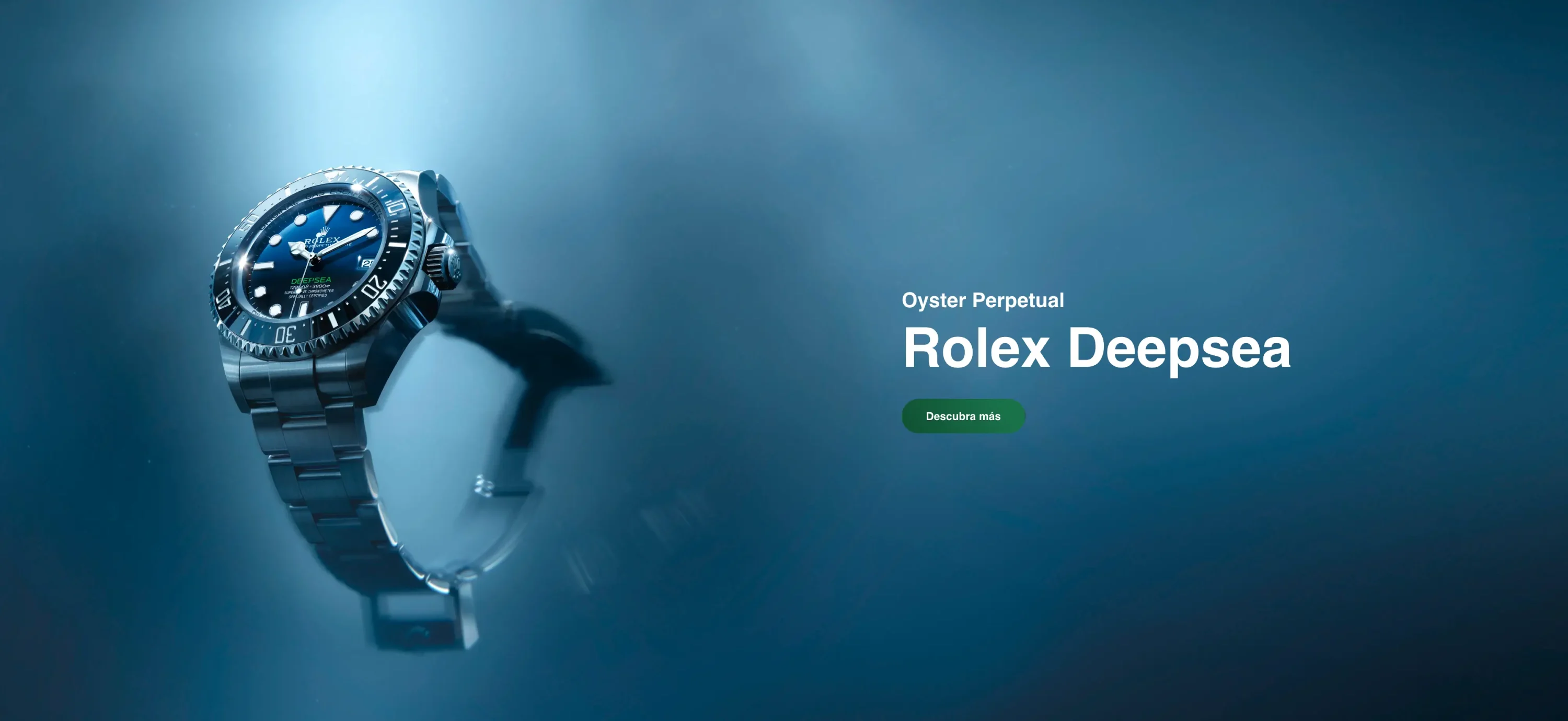 Hero banner showing a Rolex Deepsea watch on a blue underwater background with a green 'Descubra más' button. | Brela