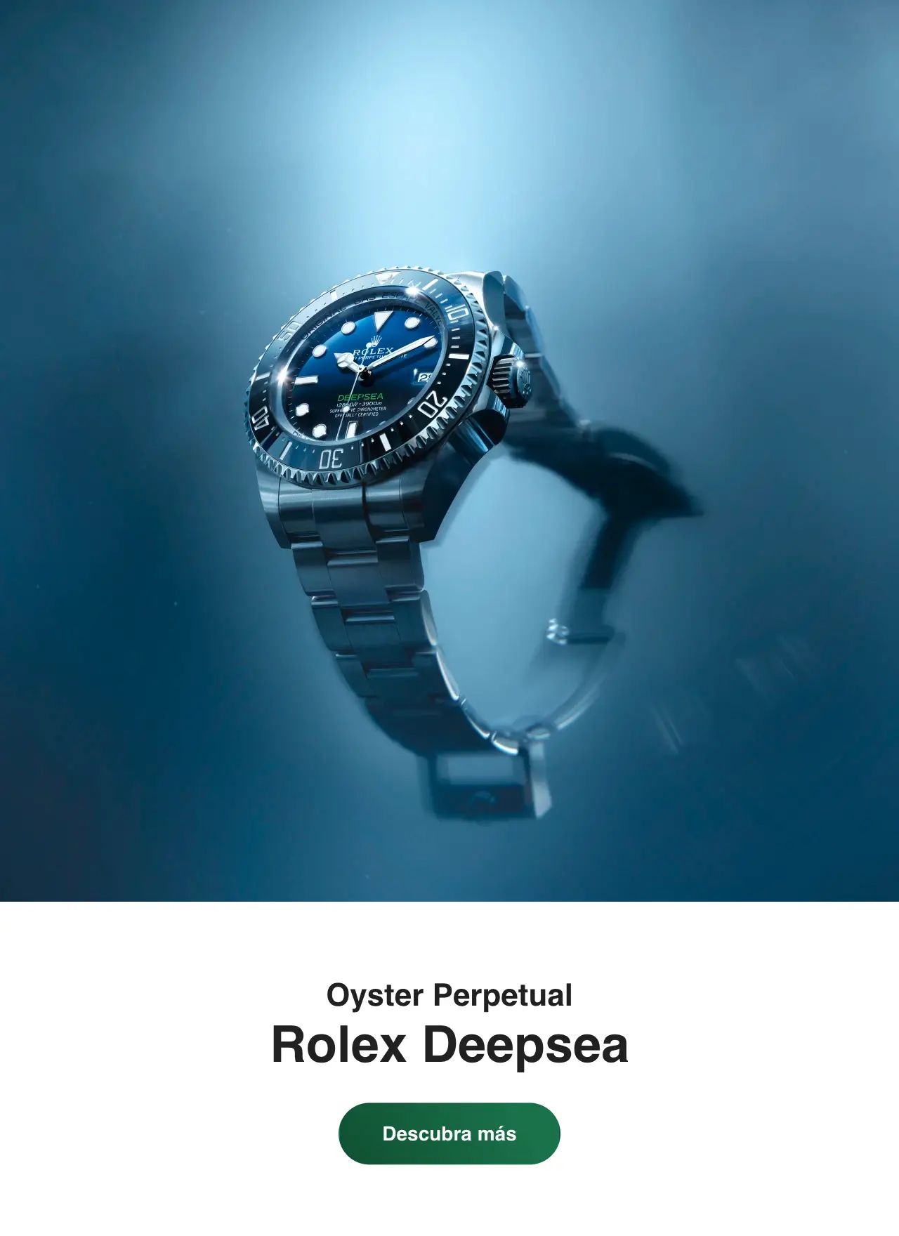 Blue Rolex Deepsea diver's watch floating underwater with a metal bracelet and reflective bezel | Brela
