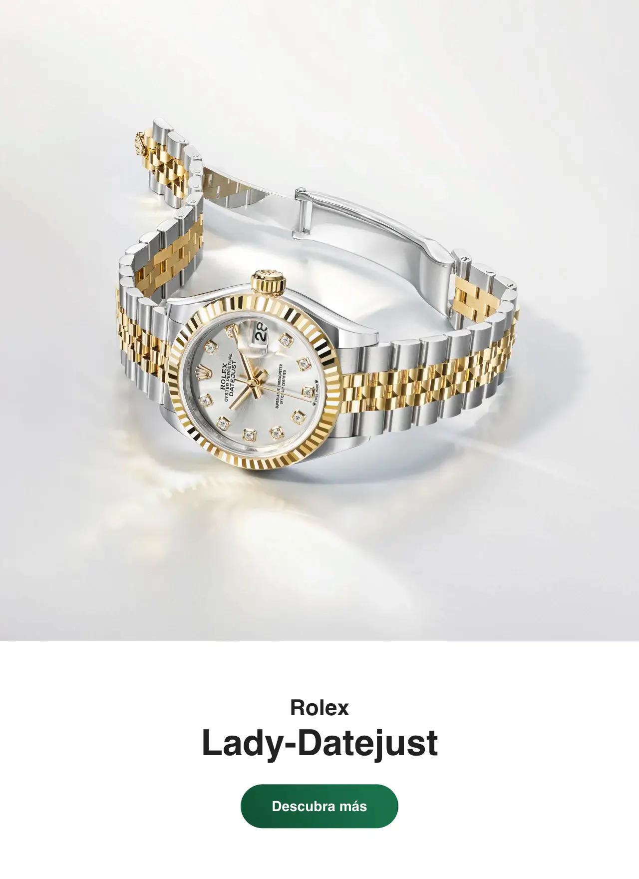 Two-tone Rolex Lady-Datejust wristwatch with gold and silver bracelet, diamond hour markers, and fluted bezel displayed at an angle | Brela